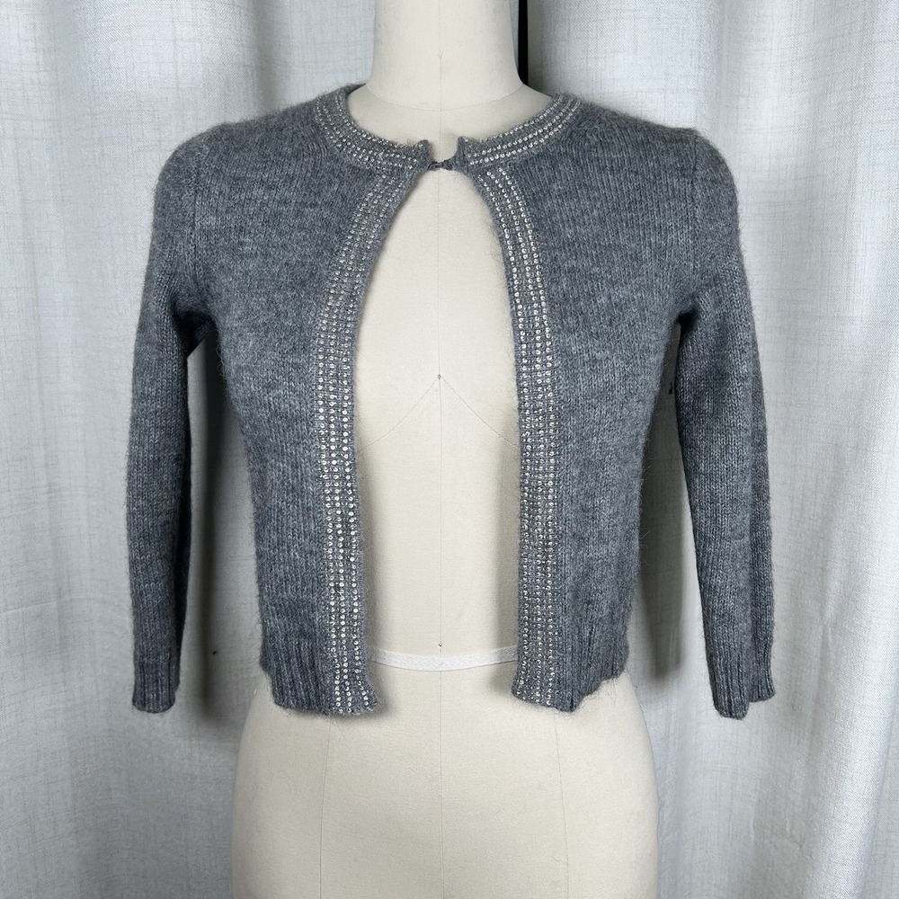J Crew Open Cardigan Rhinestones Alpaca Wool Blend Grey Size XS Sweater EUC